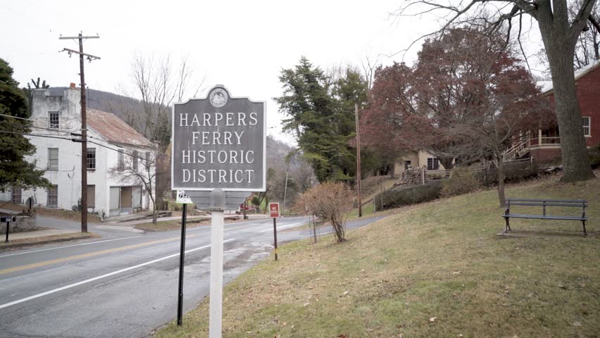 Steadicam gimbal shot of Harpers Ferry Historical District sign in Harpers Ferry, West Virginia.