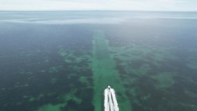 Boat on the sea. Aerial video of a drone filming a boat leaving the pier. Location Shark Bay in Western Australia. Ocean view from the sky and white foam. Boat cruising in high speed. Short video.