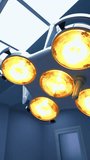 Lighting lamps on the ceiling of modern surgery room. Yellow and daylight for surgeries in operational theatre. Low angle view. Vertical video.