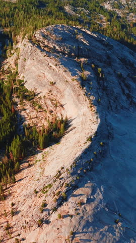 Highway built in the middle of a curvy mountain. Green pine tree forest growing at the foot of the rocks. Aerial view. Vertical video.
