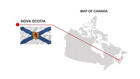 Nova Scotia Map, Region of Canada, with white bg, Animated Canada map with waving flag. Politics, government, people, national day, full map, flag, area, containment, states, outline