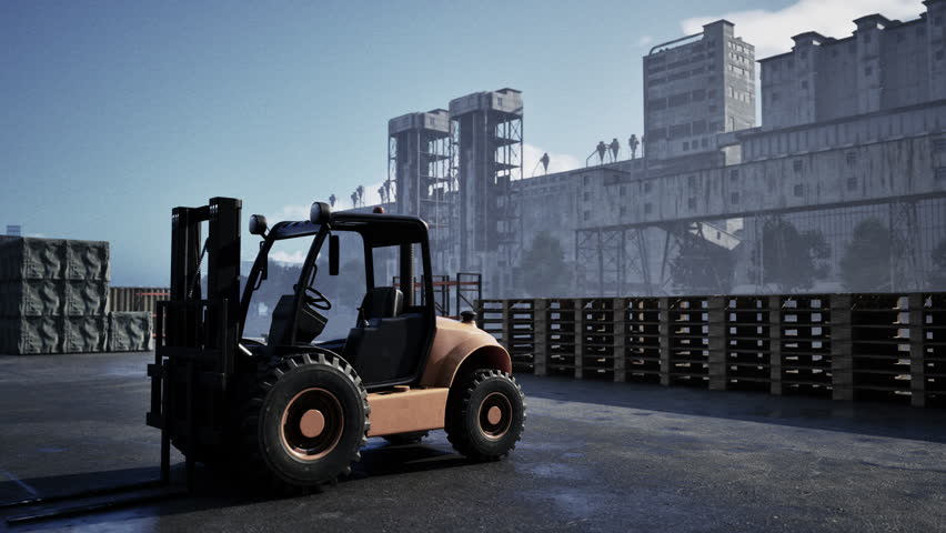 A forklift is parked in front of a large building, showcasing industrial machinery in an urban setting. Royalty-Free Stock Footage #3457932719