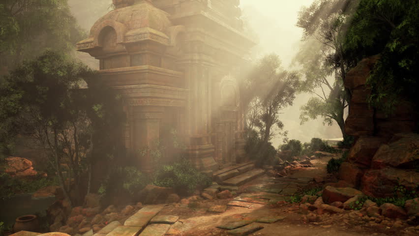 A painting capturing the ruins of an ancient temple standing amidst lush green forest. Royalty-Free Stock Footage #3457975257