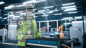 Automotive Factory Engineer Using Augmented Reality Headset in a Modern Facility with Automated Robotic Arms on an Assembly Plant. Specialist Ananlyzing and Manipulating a Virtual Gearbox Model - Powered by Shutterstock - Get 15% off with code: PIKWIZARD15