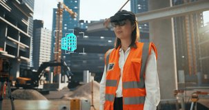 Japanese Female Architect Wearing an Augmented Reality Headset and Inspecting a Digital Hologram of a Building. Asian Civil Engineer Using a Software with Virtual Construction Plan and Interior Model - Powered by Shutterstock - Get 15% off with code: PIKWIZARD15
