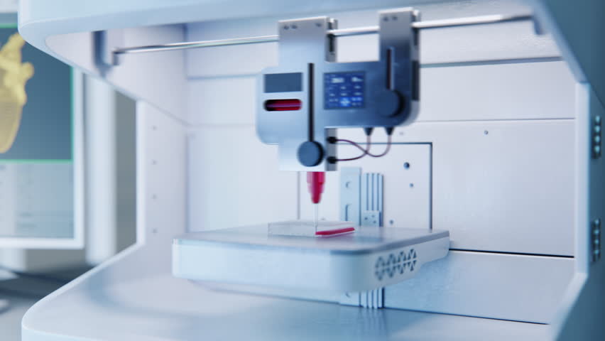 Time Lapse with an Advanced Machine Manufacturing an Artificial Human Tissue or Muscle From a Digital CAD File. Medical Laboratory Bioprinting a 3D Organ. Genetic Engineering Concept