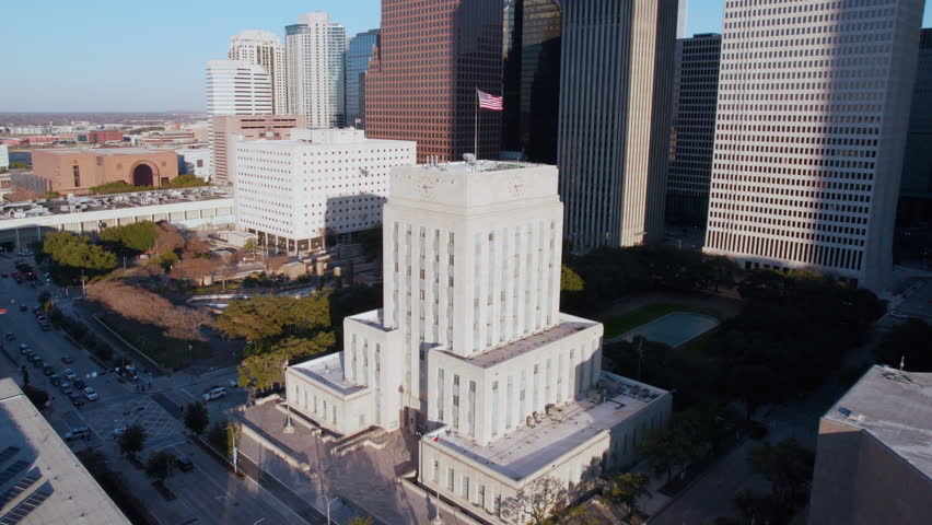Houston City Hall, Texas USA, Aerial View of Building and American National Flag Drone Shot