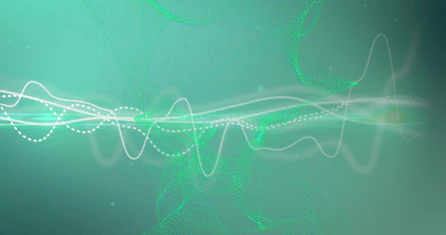 Animation of light trails and data processing over green background. Global finance, business, connections, computing and data processing concept digitally generated video.