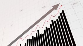 Animated financial chart with rising and falling black bars, a red trend line, and an upward arrow, depicting positive and negative business trends with a grid background and depth of field effect. - Powered by Shutterstock - Get 15% off with code: PIKWIZARD15