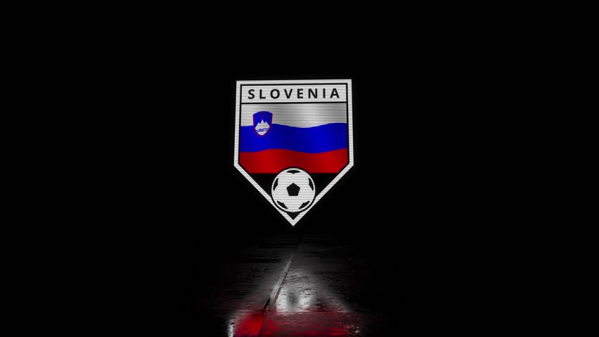 Slovenia Glitchy Shield Shaped Football or Soccer Badge with a Waving Flag on a Black Background