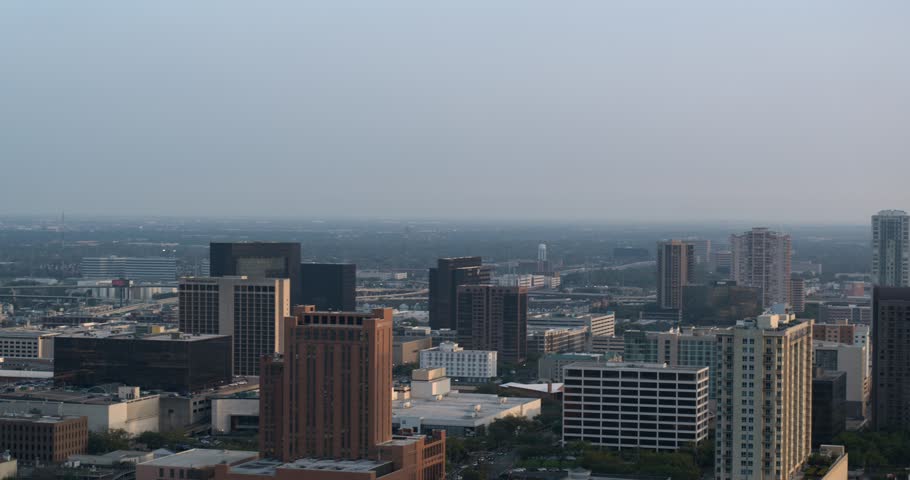 Establishing drone shot of the Uptown area of Southwest Houston also known as the Galleria area