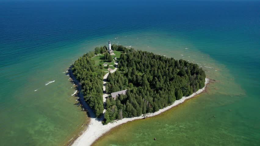 Drone aerial view of an island in door county, Wisconsin on a sunny day