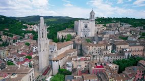 Wonderful city of Girona, Catalonia, Spain. This is a nice view with drone of dowtown, cathedral and important Sant Feliu church
