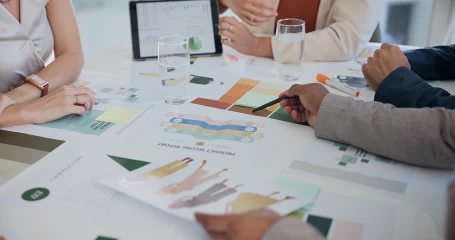 Fashion designer, paper and planning in meeting with creative strategy, choice and feedback on decision. Business people, tablet and documents with analysis for brainstorming, discussion and research