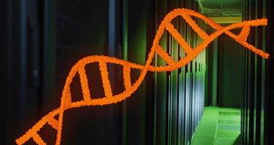 Animation of orange dna strand rotating over dark computer server room. Digital interface, data, medical research, healthcare, connection and communication, digitally generated video.