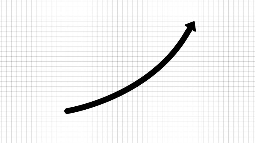 Black arrow curving upwards animated on a white graph paper background.