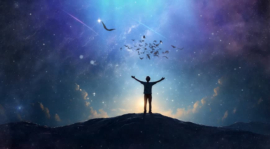 Footage illustration of a man looking up at the starry sky and a space object with a bat flying above