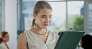 Woman, office and laugh with tablet for meme on social media post for information, entertainment and trends on break. Female person, closeup and smile as public relations on internet and funny video