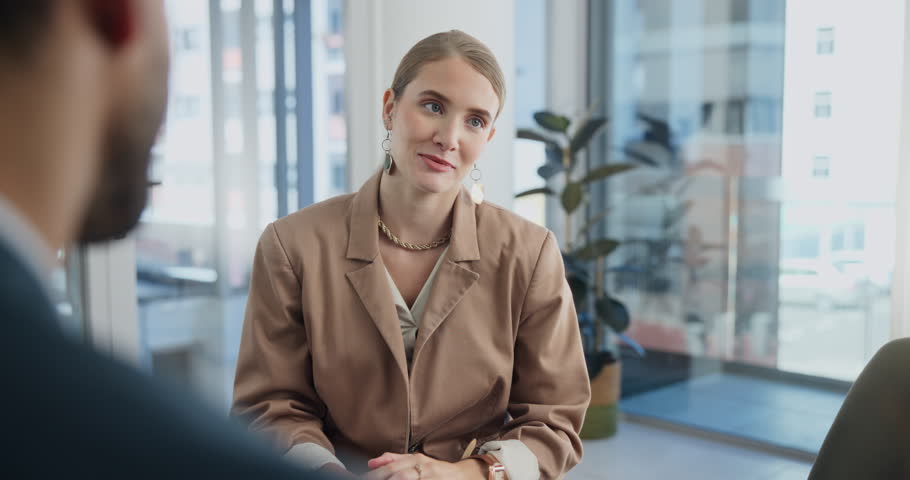 Meeting, recruitment or businesswoman in job interview with managers in office talking in negotiation. Explain, people or person speaking to hr for hiring opportunity in discussion or communication