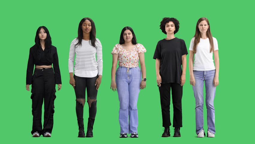 A group of people, on a green background, in full height, crossed their arms