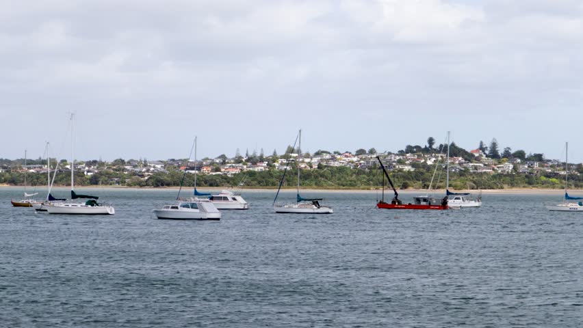 A handheld shot of some boats floating on a lake with a neighborhood in the background in Auckland, New Zealand, on a windy and cloudy day.