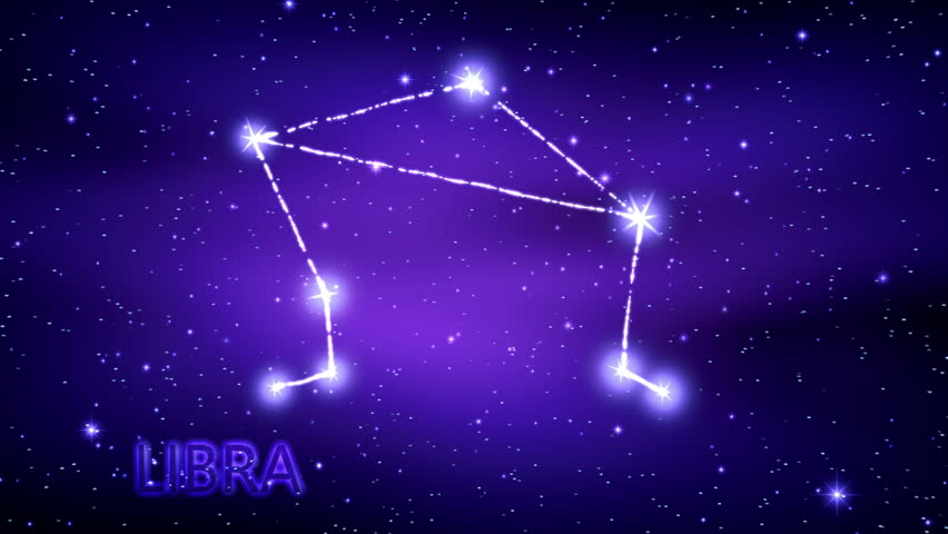 Animation of the Libra zodiac sign in the cosmic night sky. The Libra zodiac sign is a constellation of bright stars connected by luminous lines. Constellation and horoscope symbol. Astronomy.