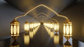 3d Ramadan lantern template decorated with many lights typical of Islamic Arabic culture. Illustration of space leading to heaven