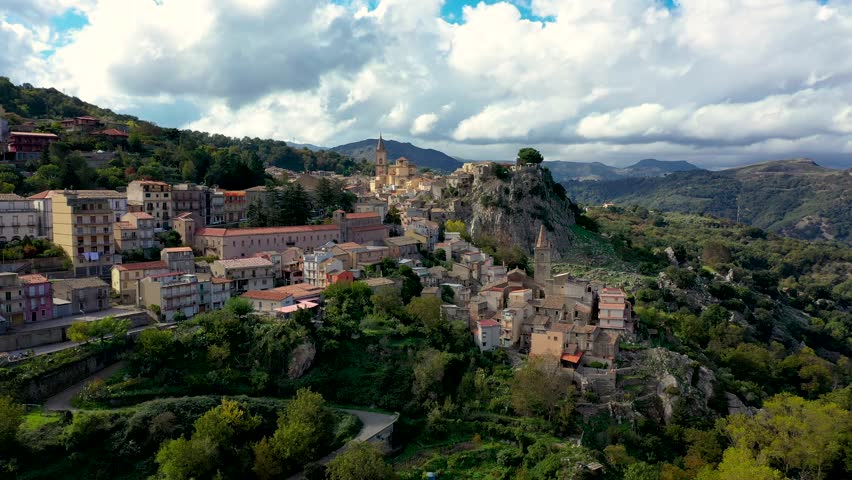 Amazing cityscape of Novara di Sicilia town. Aerial view of Novara di Sicilia, Sicily, Italy, Europe. Mountain village Novara di Sicilia, Sicily, Italy.