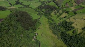 Eagle eye view of a drone clip over a green field and canyon in Puichig, Equador