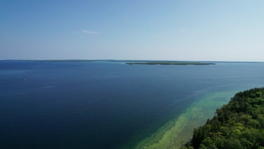 Drone shot aerial view of door county, plum island, and Washington island