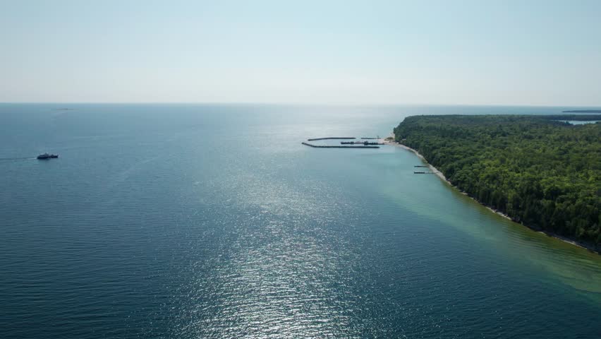 Ferry with cars and people arriving at port in Door County, Wisconsin
