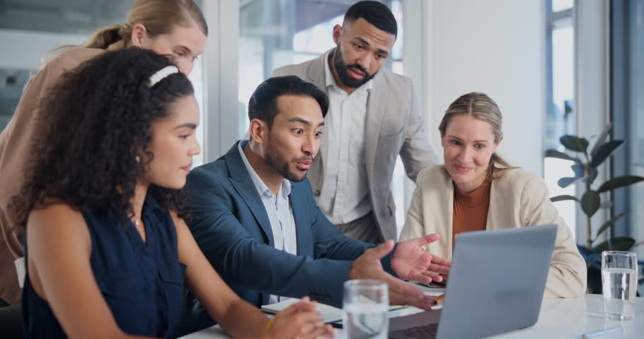 Business people, applause and laptop with achievement, success, celebration and professional with email. Group, teamwork and modern office with technology and clapping with high five and partnership