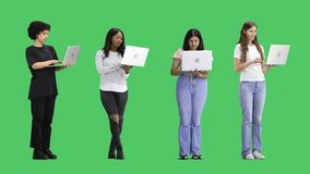 A group of people, full-length, on a green background, show a thumbs up with a laptop - Powered by Shutterstock - Get 15% off with code: PIKWIZARD15