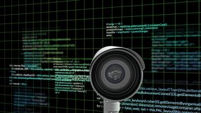 Animation of digital data processing over cctv camera on black background. Global surveillance, connections, computing and data processing concept digitally generated video. - Powered by Shutterstock - Get 15% off with code: PIKWIZARD15
