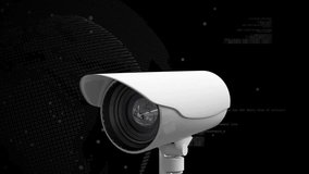 Animation of digital data processing over cctv camera and globe on black background. Global surveillance, connections, computing and data processing concept digitally generated video. - Powered by Shutterstock - Get 15% off with code: PIKWIZARD15