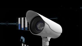 Animation of digital data processing over cctv camera on black background. Global surveillance, connections, computing and data processing concept digitally generated video. - Powered by Shutterstock - Get 15% off with code: PIKWIZARD15