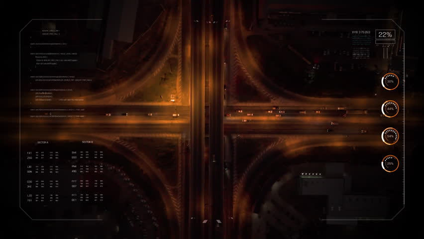 Video overlay Futuristic HUD Drone footage scenic landscape of the traffic at bridge over the intersection in the rural place