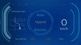 Animation of electric car dashboard data processing over blue background. Global environment, finance, business, connections, computing and data processing concept digitally generated video. - Powered by Shutterstock - Get 15% off with code: PIKWIZARD15