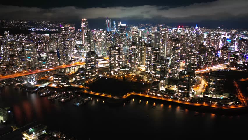 Aerial time-lapse on downtown of Vancouver at night, Canada