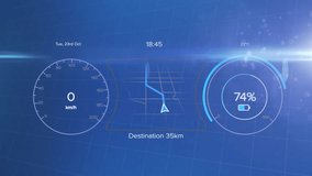 Animation of electric car dashboard data processing over blue background. Global environment, finance, business, connections, computing and data processing concept digitally generated video. - Powered by Shutterstock - Get 15% off with code: PIKWIZARD15