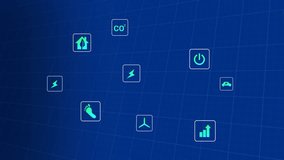 Animation of eco icons and data processing over blue background. Global environment, finance, business, connections, computing and data processing concept digitally generated video.