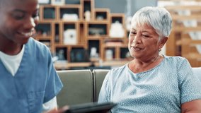 Senior care, tablet and old woman on couch with nurse, advice and medical consultation in home. Conversation, homecare and elderly person on sofa with caregiver, digital app and health insurance. - Powered by Shutterstock - Get 15% off with code: PIKWIZARD15