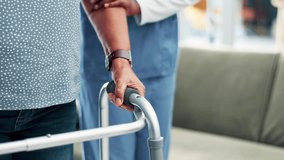 Patient, nurse and walking frame for support helping or rehabilitation for injury, person with a disability or comfort. People, healthcare worker and mobility aid in clinic for recovery, care or pain - Powered by Shutterstock - Get 15% off with code: PIKWIZARD15