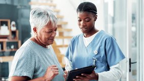 Elderly woman, nurse and tablet or laughing communication for consultation results in retirement, funny or joke. Old person, caregiver and online healthcare or technology services, report or humor - Powered by Shutterstock - Get 15% off with code: PIKWIZARD15