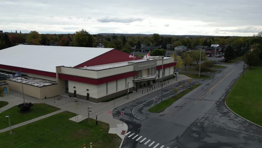 Watertown Municipal Arena drone aerial on Sunny Day