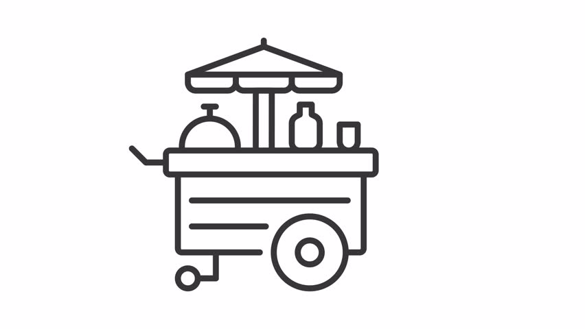 Animated snack stand icon. Riding food cart line animation. Amusement festival fastfood. Stall market. Black illustration on white background. HD video with alpha channel. Motion graphic