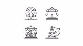 Animated amusement attractions icons. Swinging carousels line animation library. Fairground entertainment. Black illustrations on white background. HD video with alpha channel. Motion graphic
