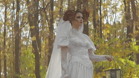 Enchanted forest wedding theme with model in elaborate bridal gown and unique headpiece. Artistic makeup and fantasy styling for an ethereal bridal look. Perfect for editorial, costume design, and - Powered by Shutterstock - Get 15% off with code: PIKWIZARD15