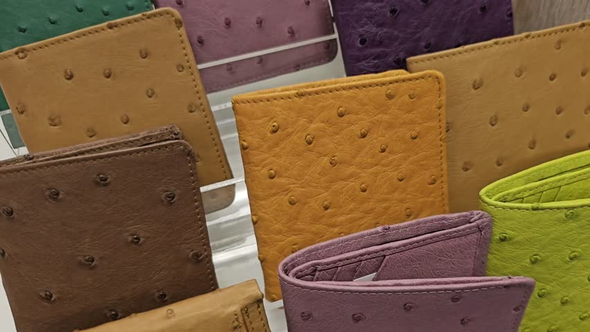 Wallet made of genuine ostrich leather in bright multicolored colors on a store shelf. Beautiful leather wallets concept