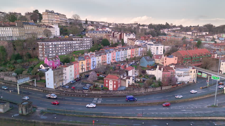Aerial riser view over colourful Hotwells houses, Clifton on hill, Bristol
